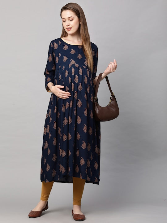 MomToBe Women Navy Blue Printed Maternity Nursing Anarkali Kurta