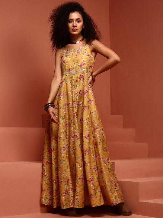 IMARA Floral Printed Smocked Maxi Ethnic Dress