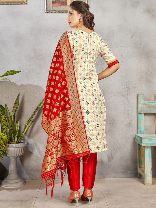 Mitera Beige Ethnic Motifs Printed Notched Neck Straight Kurta with Trousers & Dupatta