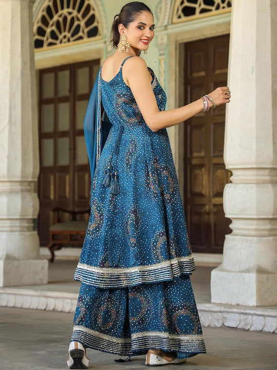 Scakhi Bandhani Printed Shoulder Straps Mirror Work Anarkali Kurta With Sharara & Dupatta