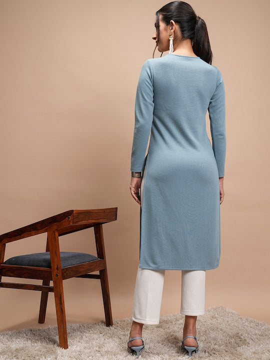 Vishudh Ethnic Motifs Embroidered Winter Keyhole Neck Kurta