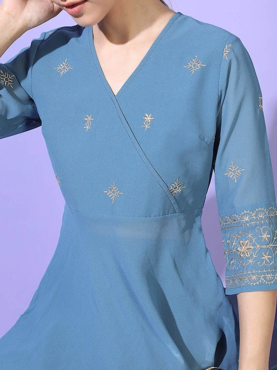 Vishudh Women Teal Ethnic Motifs Embroidered Angrakha Kurti with Dhoti Pants