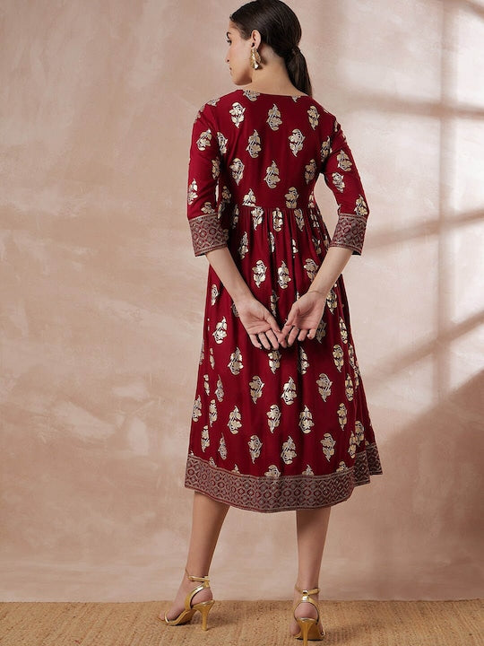 All about you Maroon Ethnic Motifs Printed A-Line Midi Dress
