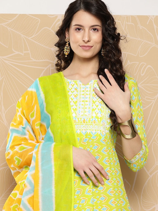 Yufta Ethnic Motifs Printed Thread Work Detail Cotton A-Line Kurta with Trousers & Dupatta