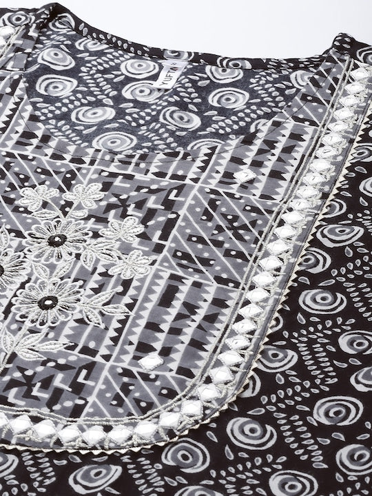 Yufta Women Black Ethnic Motifs Printed Mirror Work Kurta with Trousers