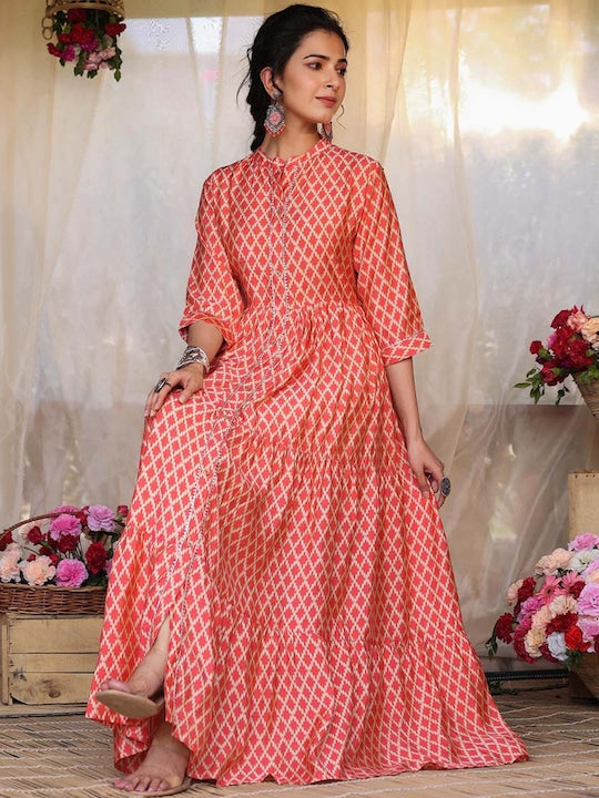 Scakhi Women Orange Printed Anarkali Kurta