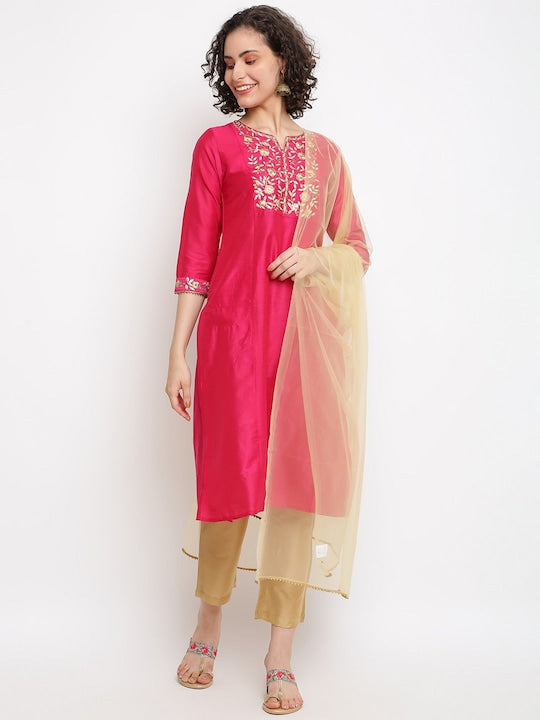 IMARA Floral Embroidered Thread Work Kurta with Trousers & With Dupatta