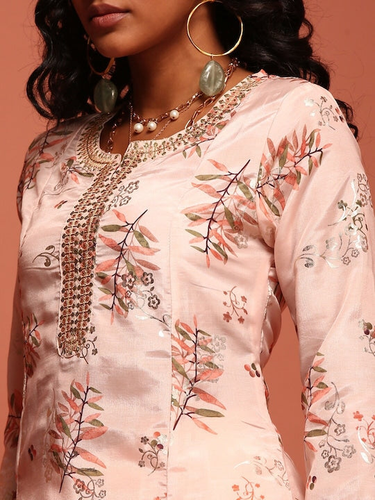 IMARA Floral Printed Thread Work Shantoon A-Line Kurta With Trousers & Dupatta