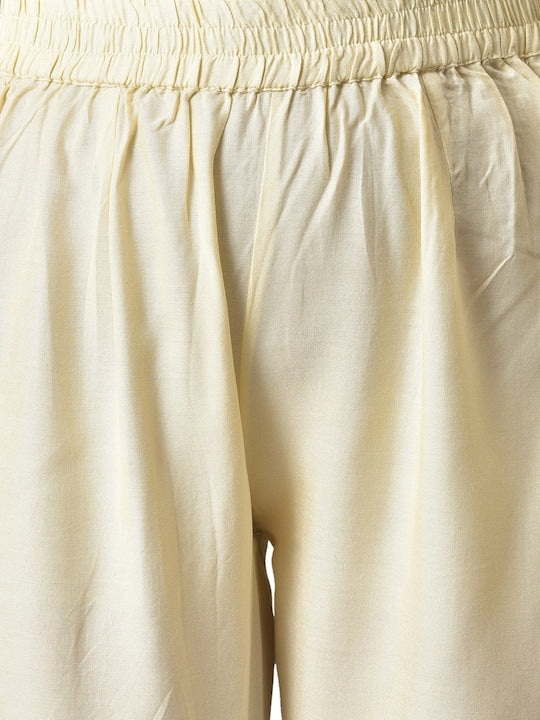 Aurelia Women Red Embroidered Liva Kurta with Beige Trouser Pants