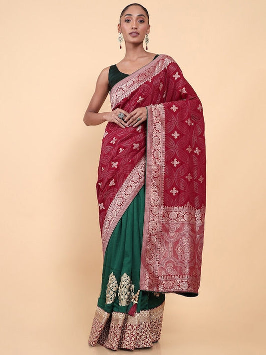 Soch Maroon & Green Floral Embroidered Silk Blend Tussar Saree