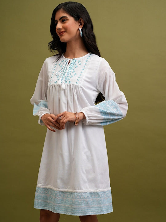 Vishudh White Floral Embroidered Tie-Up Neck Cotton Empire Dress