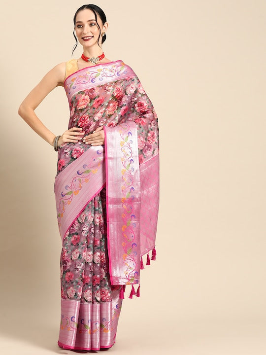 Silk Land Floral Printed Zari Banarasi Saree