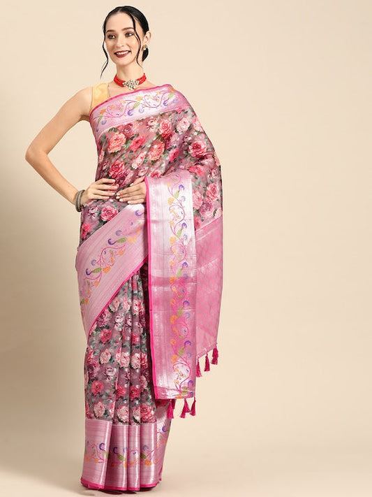 Silk Land Floral Printed Zari Banarasi Saree