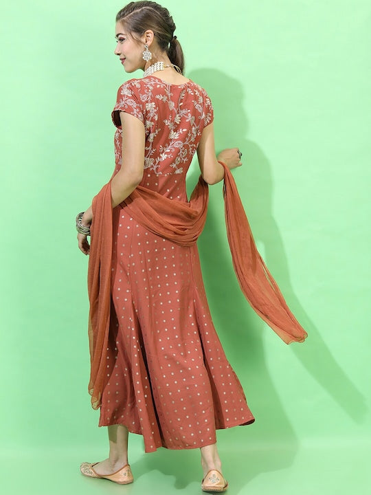 Vishudh Rust Ethnic Motifs Ethnic Maxi Ethnic Dress with Dupatta