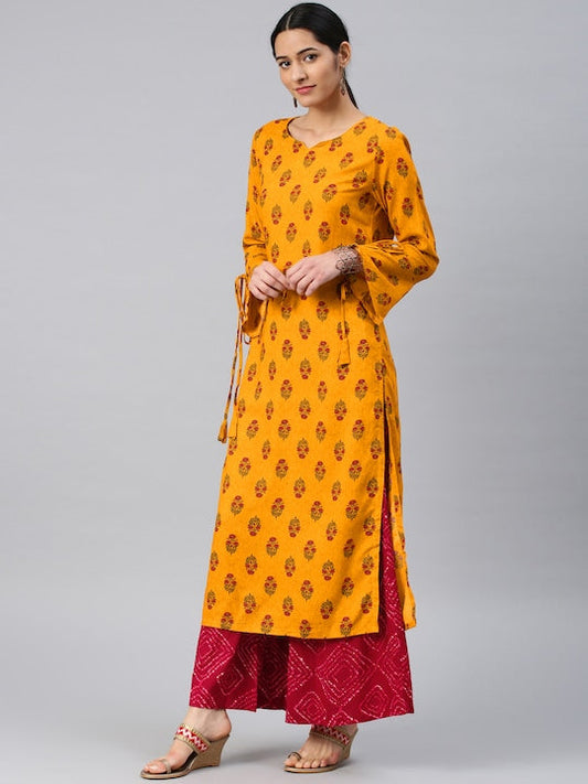 Vishudh Women Mustard Yellow & Red Printed Kurta with Palazzos - S