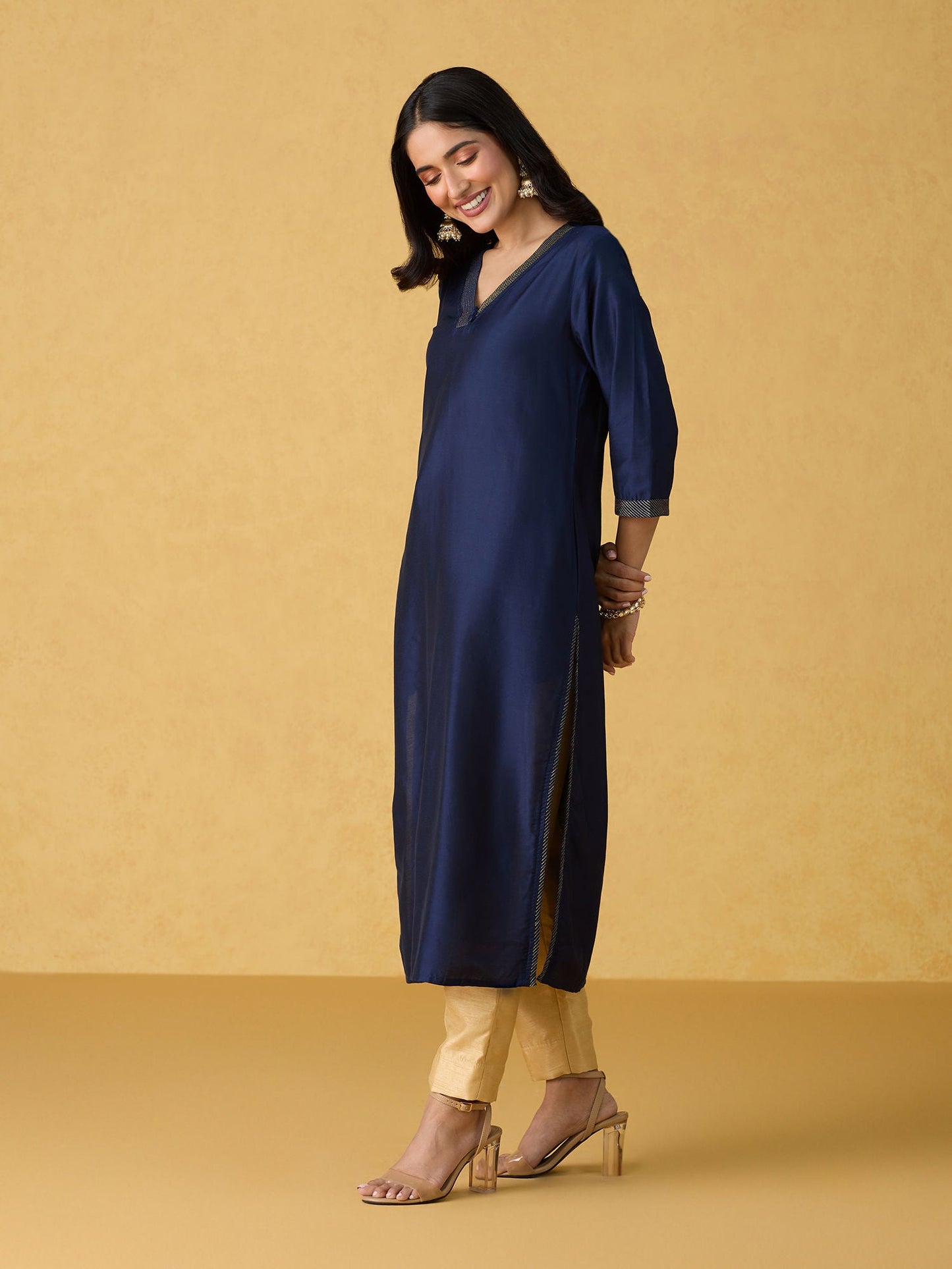 Likha Viscose Silk Navy Zari Thread Work Straight Kurta