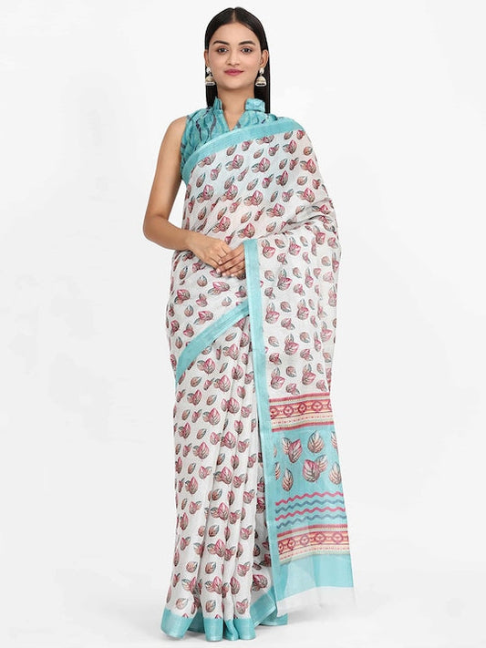 Silk Land White & Blue Floral Printed Saree