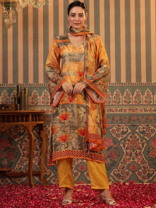 Scakhi Floral Printed Regular Silk Crepe Kurta with Trousers & With Dupatta