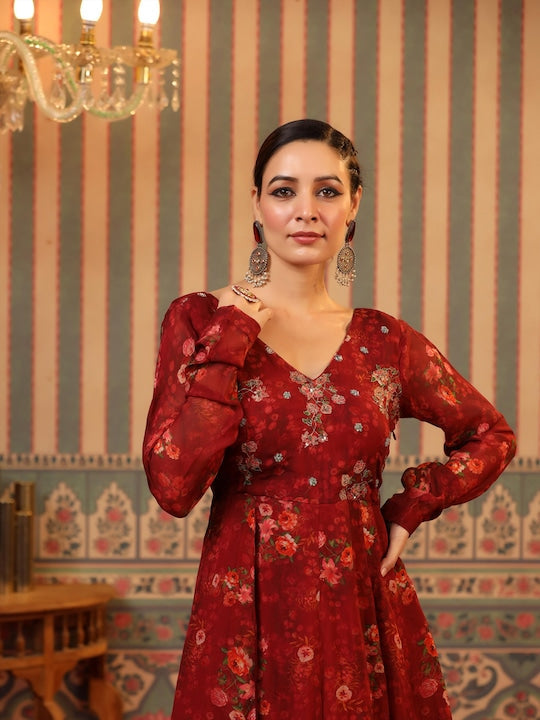 Scakhi Floral Printed Sequinned Silk Maxi Ethnic Dresses