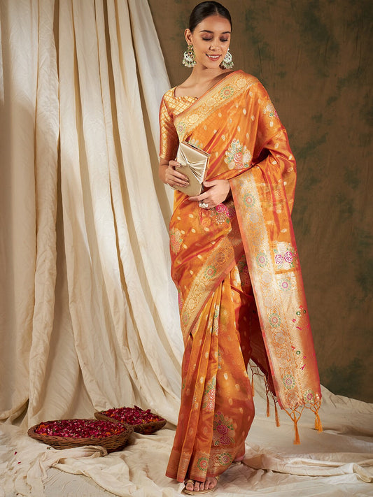 Sangria Ethnic Motifs Woven Design Organza Kanjeevaram Saree
