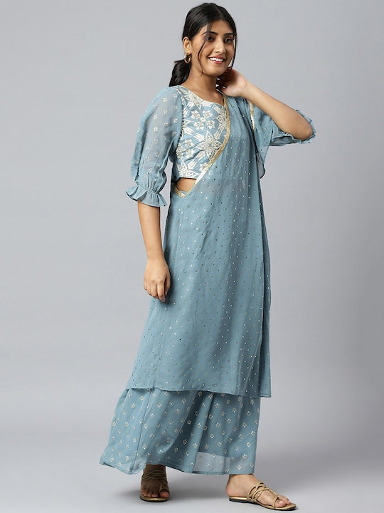 AURELIA Women Blue Floral Embroidered Kurta with Palazzos & With Dupatta