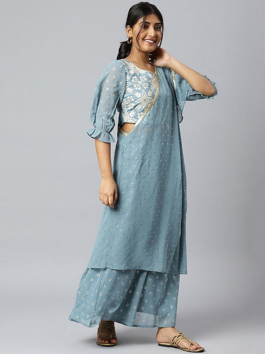 AURELIA Women Blue Floral Embroidered Kurta with Palazzos & With Dupatta