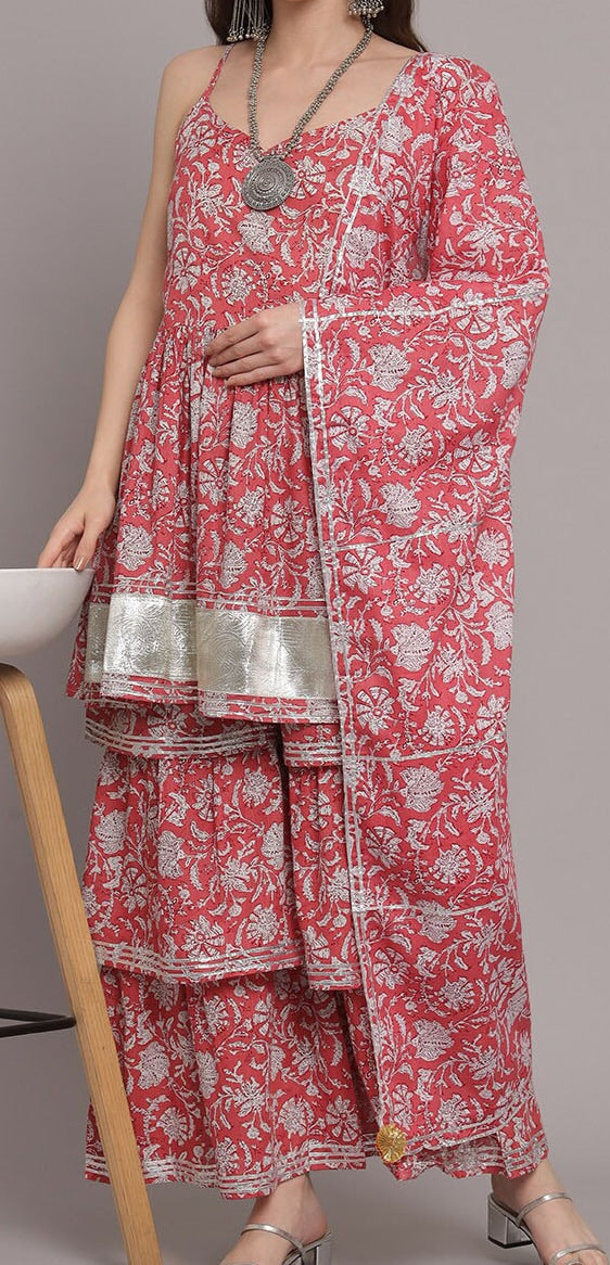 Myshka Floral Printed Anarkali Pure Cotton Kurta with Sharara & Dupatta