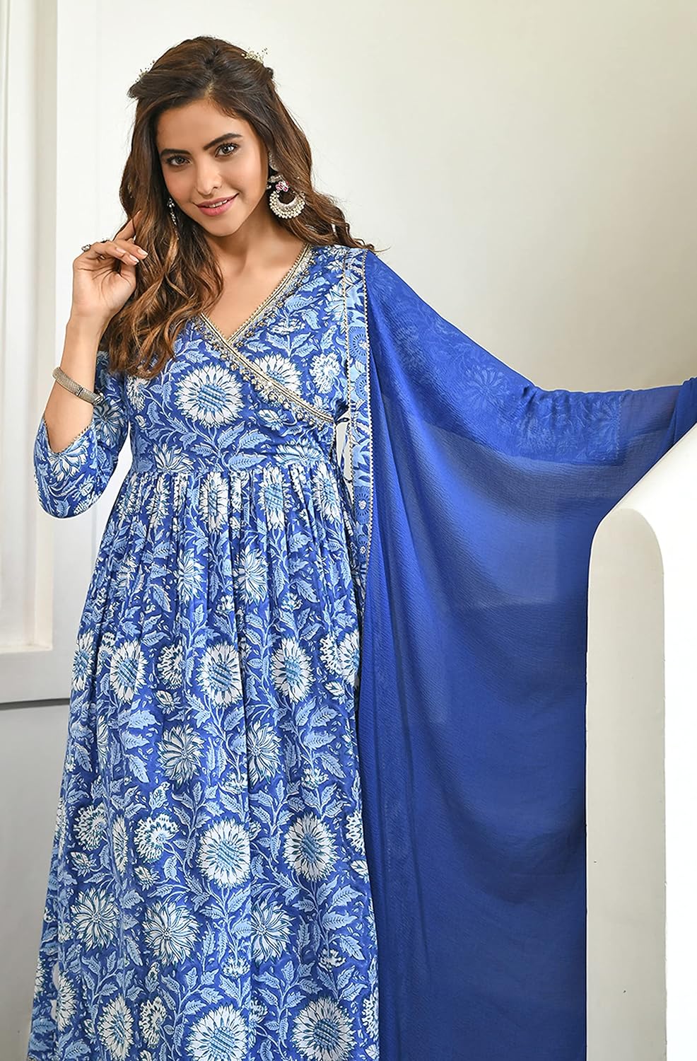 Janasya Women's Blue Cotton Floral Block Print Kurta with Flared Palazzo and Dupatta