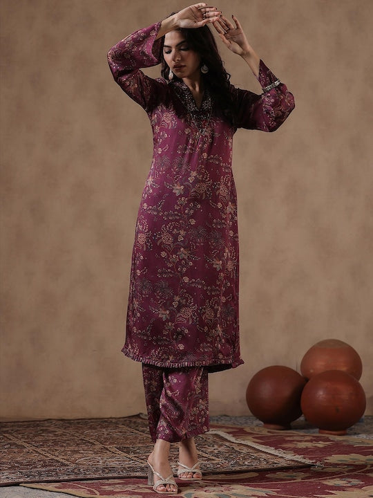 Scakhi Floral Printed Regular Sequinned Satin Kurta with Palazzos