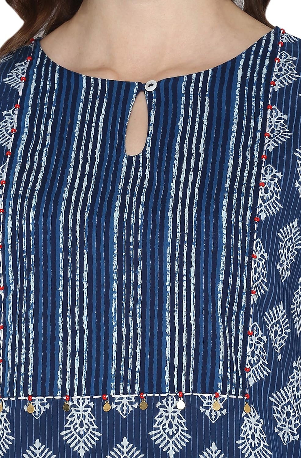 Janasya Women's Blue Pure Cotton Block Print Straight Kurta