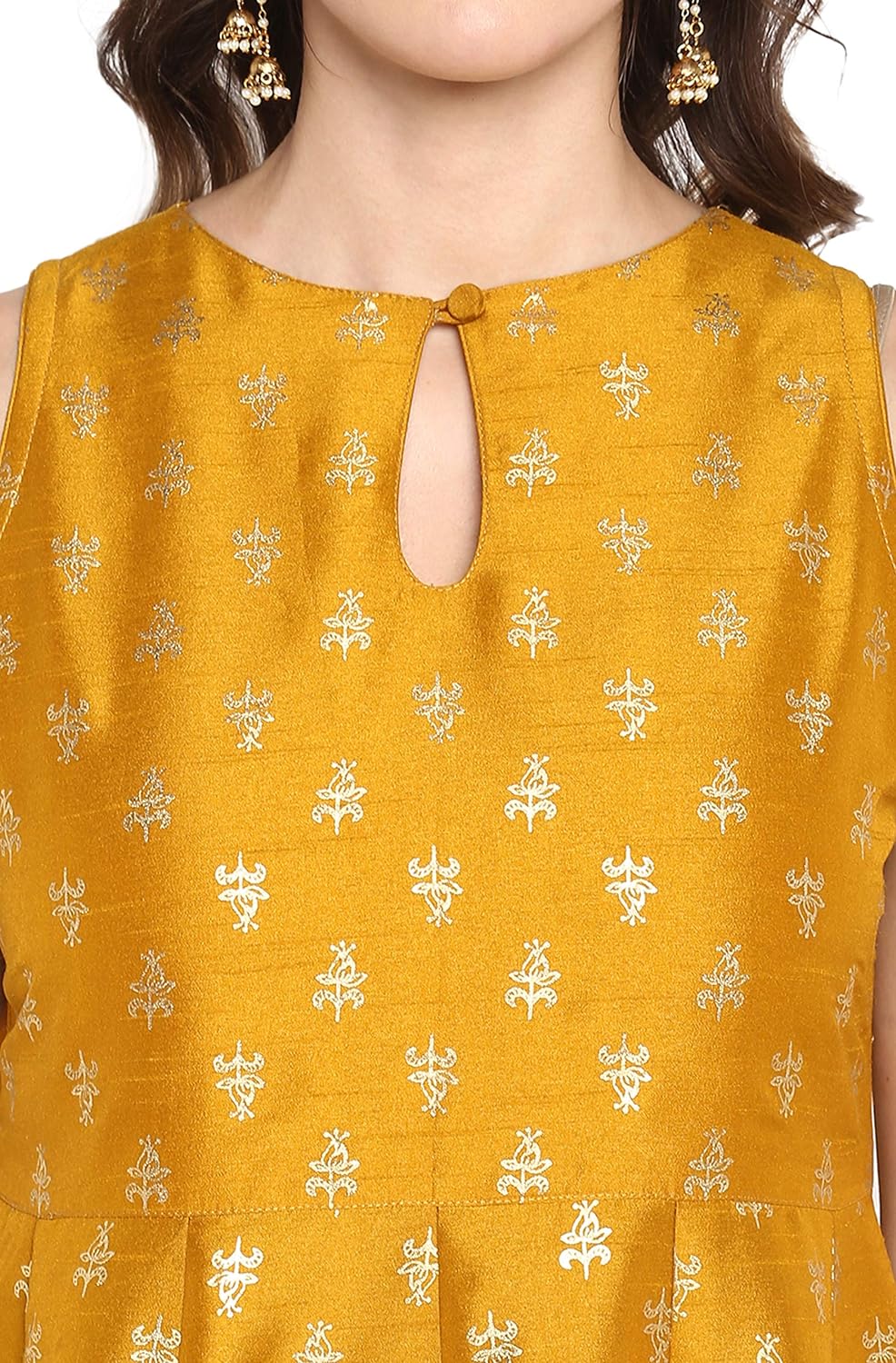 Janasya Women's Mustard Poly Silk Gold Print Kurta with Palazzo and Dupatta