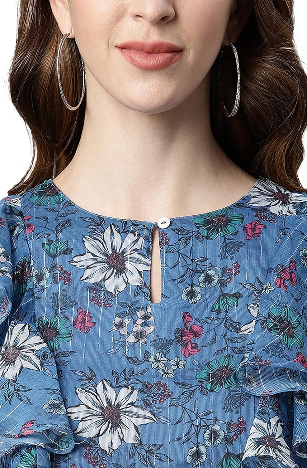 Janasya Women's Blue Floral Print Poly Georgette Top