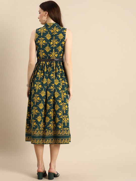 All about you Green & Yellow Floral Pure Cotton Sleevless Gathered Midi Dress