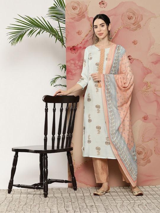 Yufta Ethnic Motifs Printed Sequinned Kurta With Trousers & With Dupatta - XL