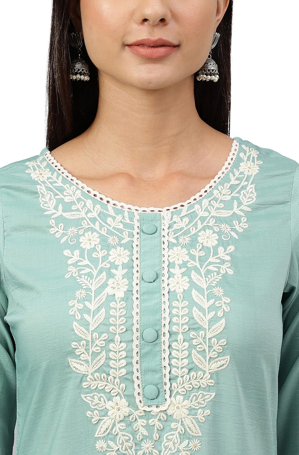 Janasya Women's Green Poly Silk Embroidered Kurta with Pant and Dupatta