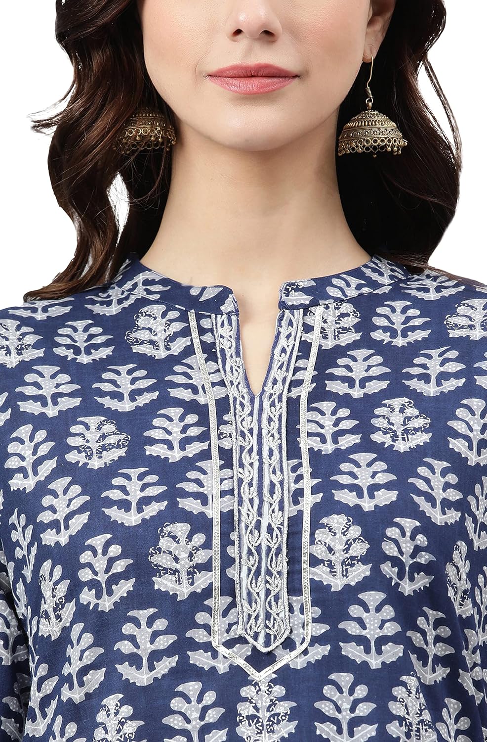 Janasya Women's Navy Blue Cotton Kurta with Pant