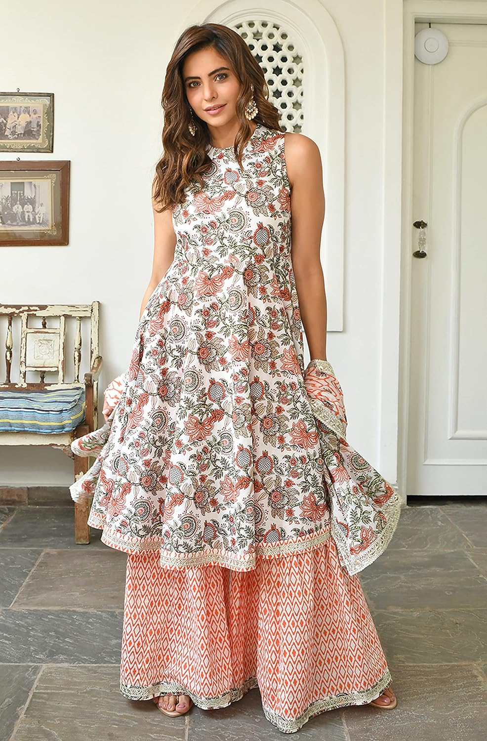 Janasya Women's White Cotton Floral Block Print Kurta with Sharara and Dupatta