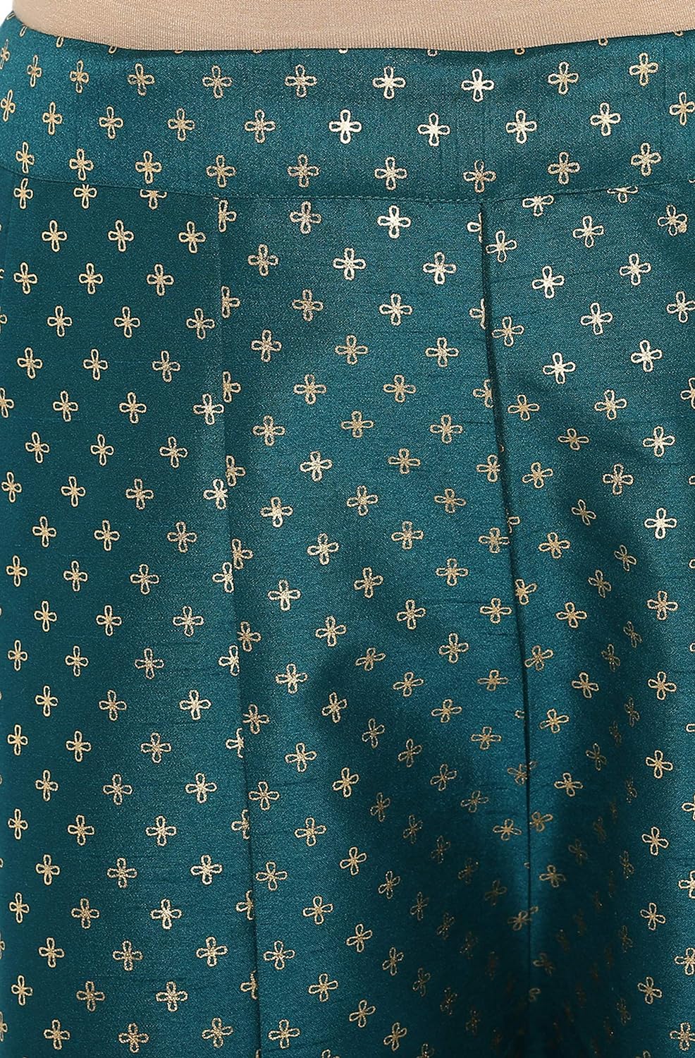 Janasya Women's Peacock Green Poly Silk Gold Print Kurta with Palazzo and Dupatta