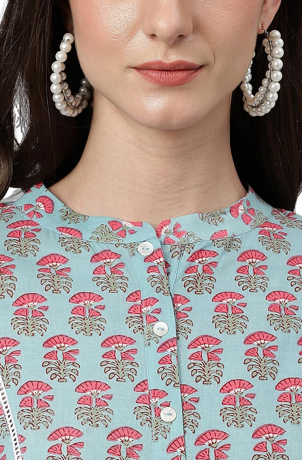 Janasya Women's Aqua Blue Cotton Block Print A-Line Top