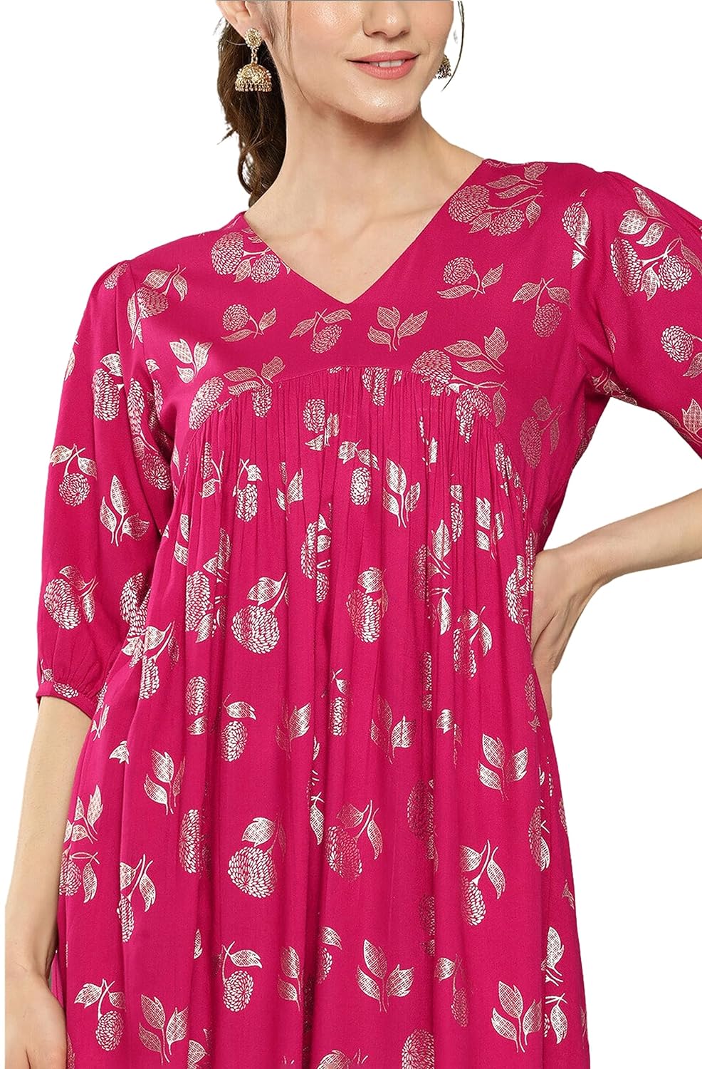 Janasya Women's Pink Rayon Foil Printed Gathered Dress