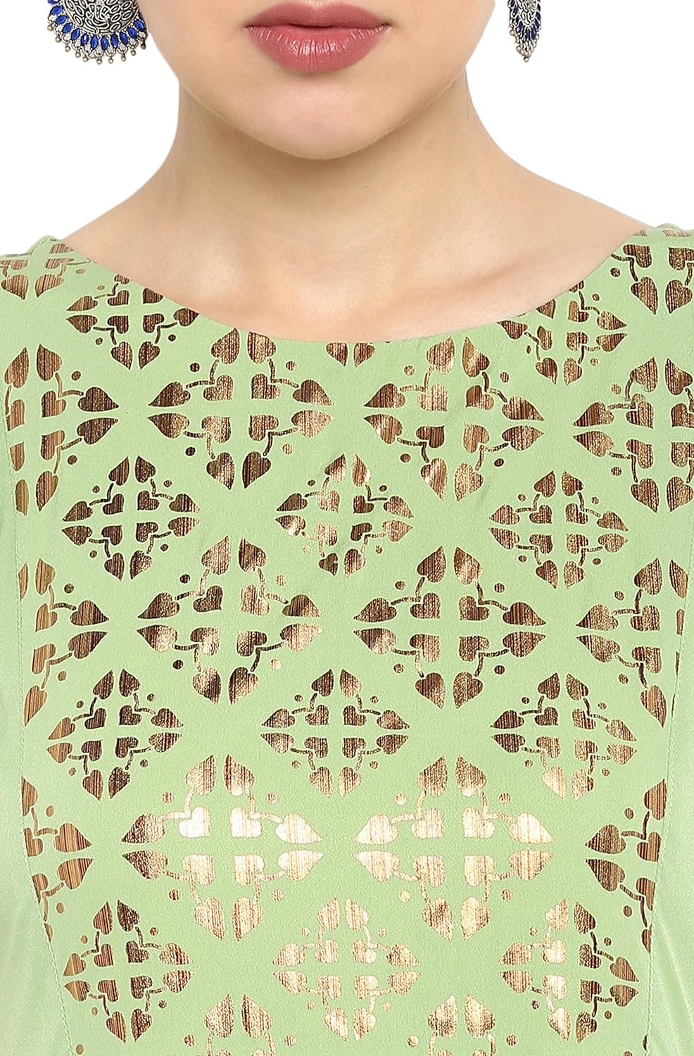 Janasya Women's Poly Crepe Gold Print Flared Kurta Green