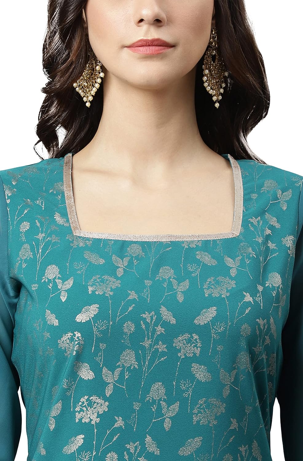 Janasya Women's Teal Crepe Gold Print Kurta with Gharara