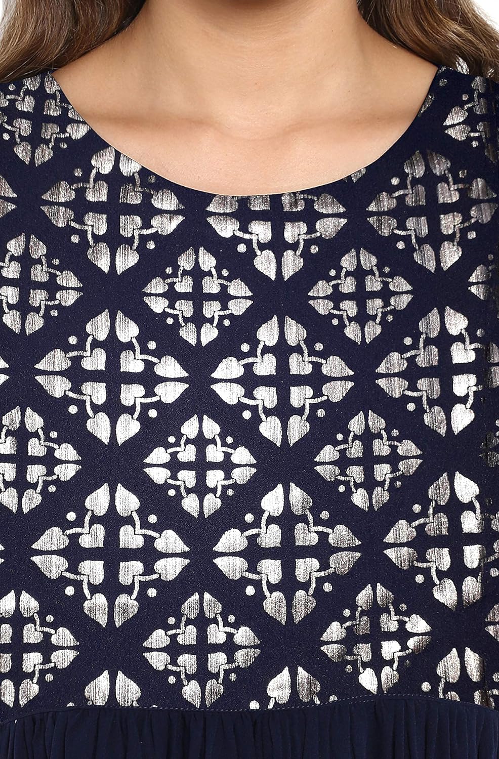 Janasya Women's Poly Crepe Gold Print Flared Kurta Navy Blue