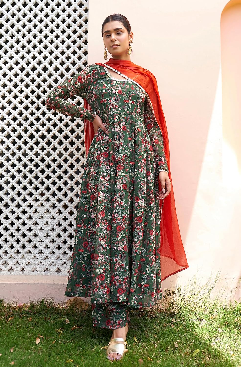 Janasya Women's Georgette Digital Floral Printed Embellished Kurta Set Bottle Green