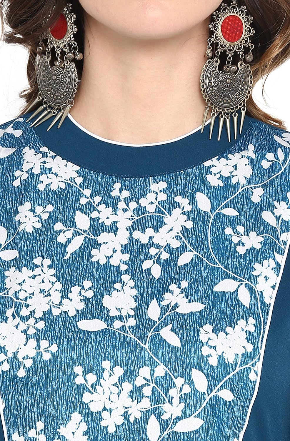 Janasya Women's Turquoise Blue Poly Crepe Floral Print A-line Kurta