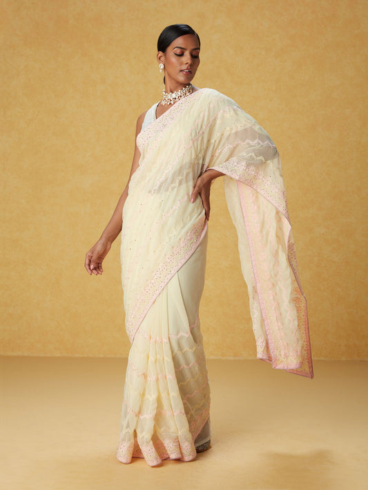 Likha Yellow Georgette Embellished Saree with Unstitched Blouse LIKSAR101 (Free Size)