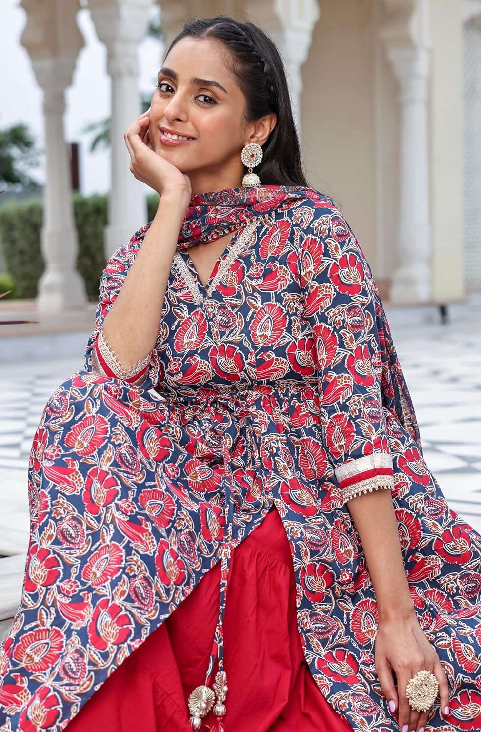 Janasya Women's Blue Cotton Floral Printed Kurta with Skirt and Dupatta