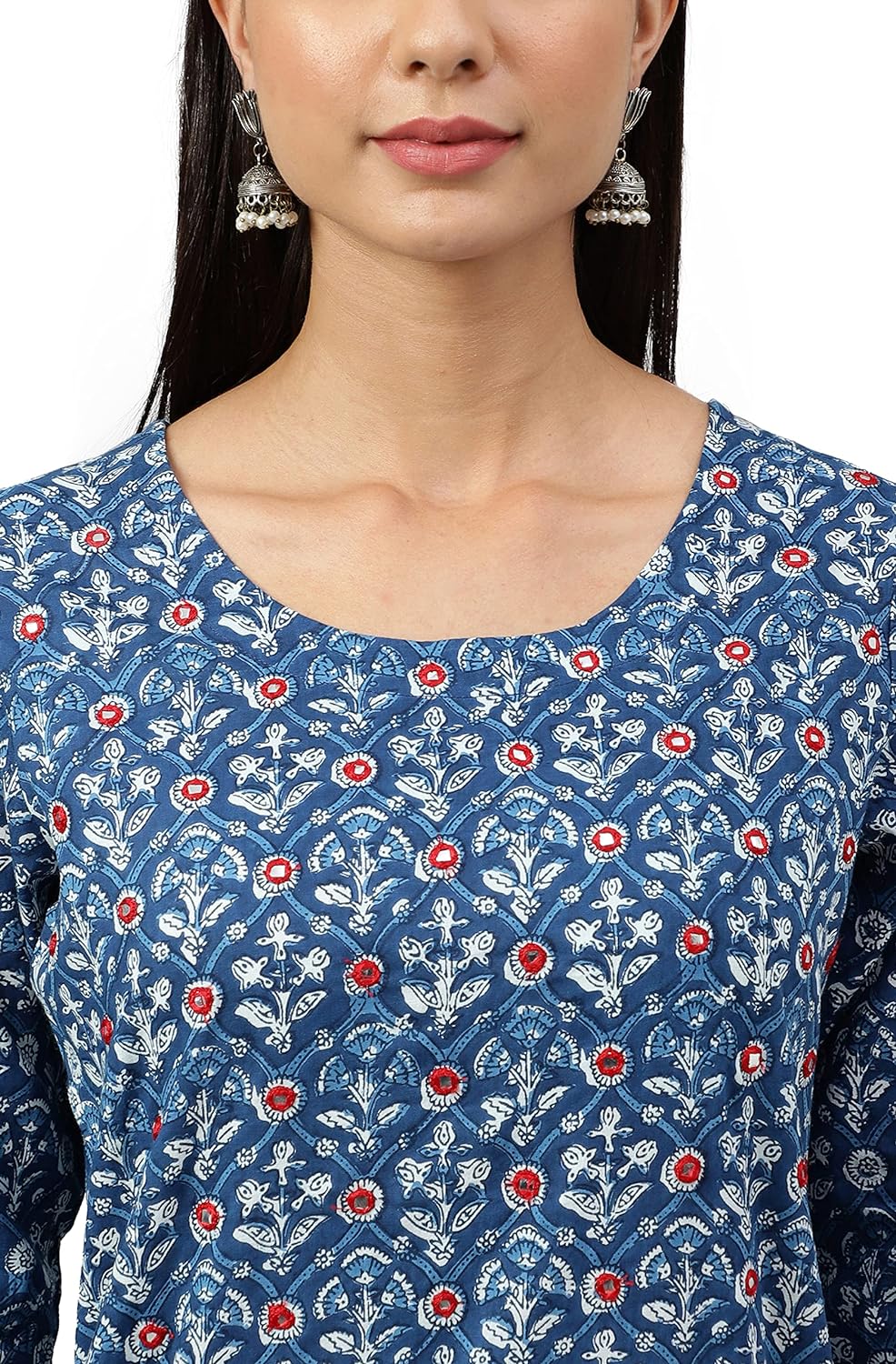 Janasya Women's Navy Blue Cotton Floral Print Kurta with Pant and Dupatta