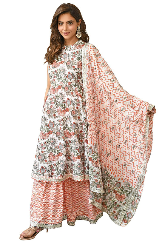 Janasya Women's White Cotton Floral Block Print Kurta with Sharara and Dupatta