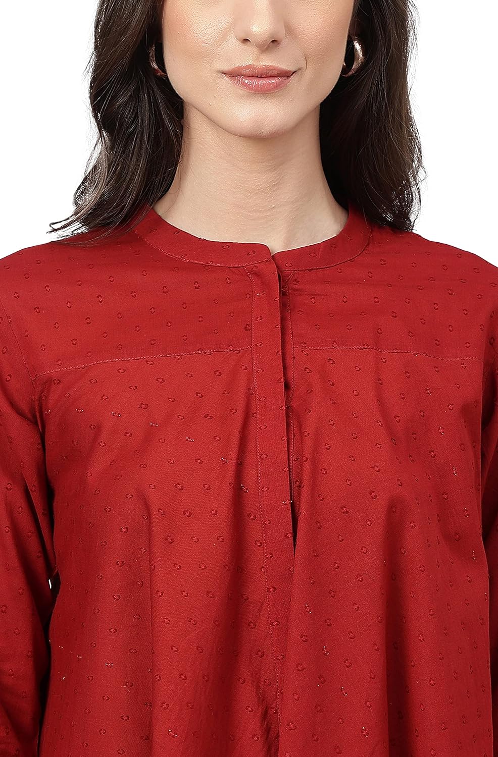 Janasya Women's Maroon Dobby Cotton Solid A-Line Tunic